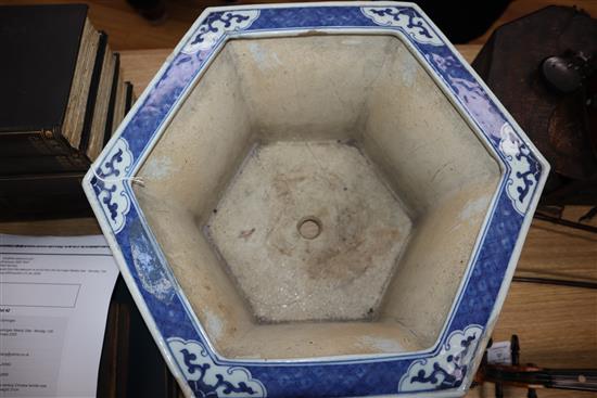 A Chinese blue white hexagonal large flower pot, Qianlong-Jiaqing period length 42cm